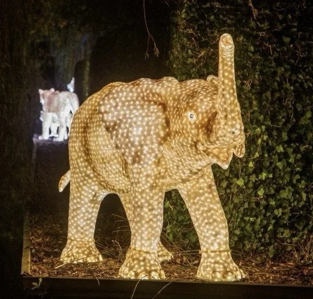Grote olifant met geheven slurf, vol warmwitte lampjes, in een lichttuin